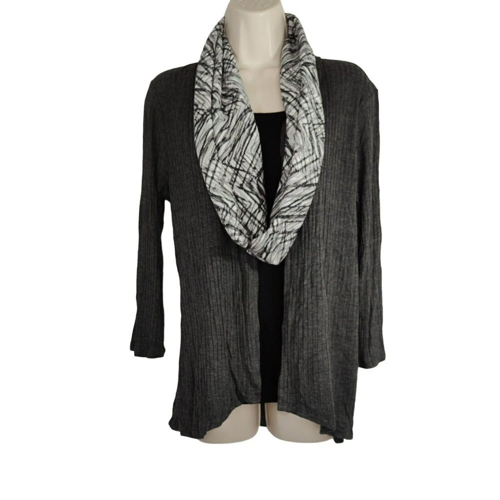 Rebecca Malone Knit Top Women Size PM Grey Black 3/4 Sleeve Removable Scarf